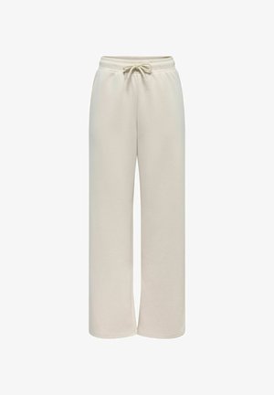 Beige sweatpants med lige ben, elastisk talje og snøre, lavet af blødt stof til afslappet brug.