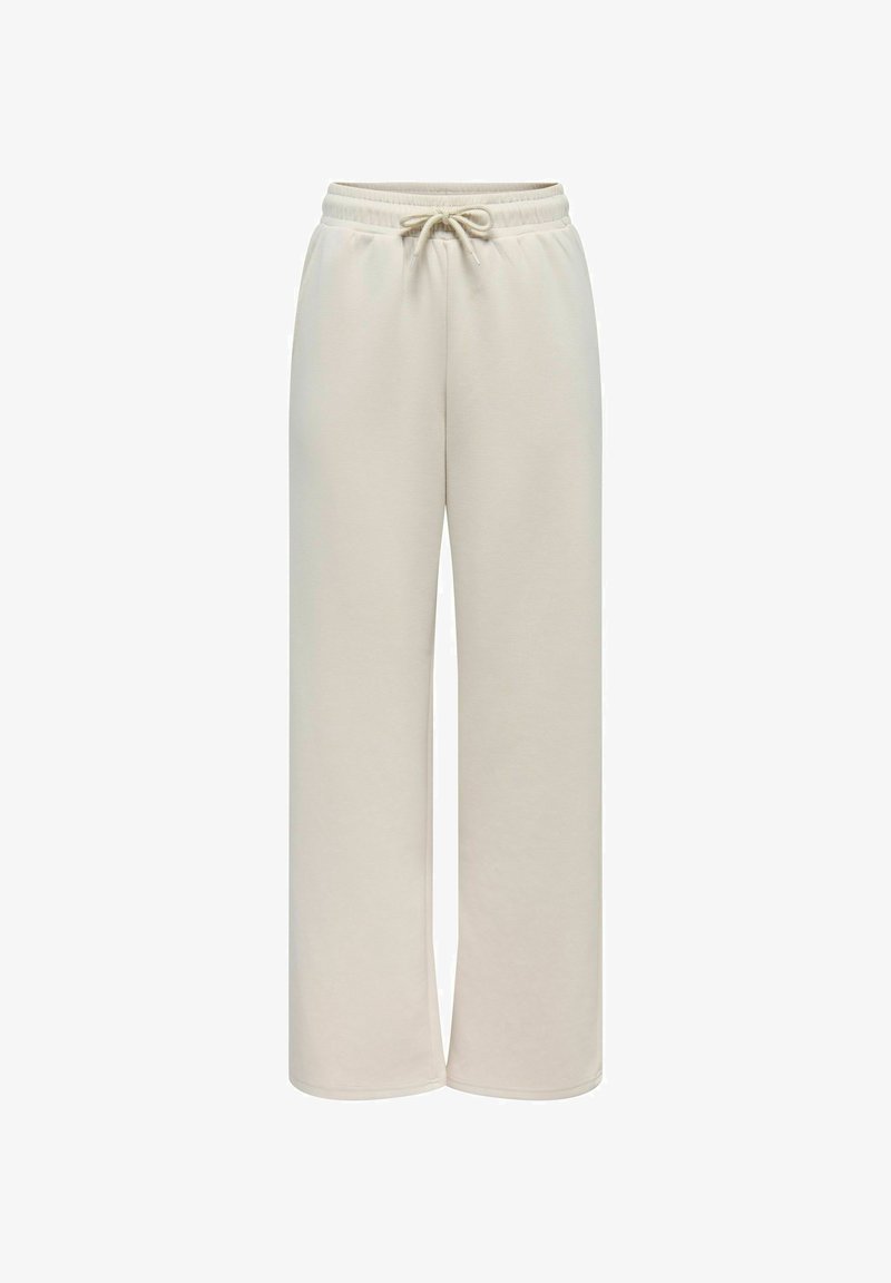 Pantalon de survêtement beige à coupe droite avec taille élastique et cordon, en tissu doux pour un usage décontracté.