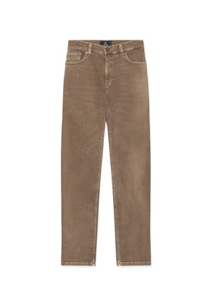 Brune bomuldsjeans med lige ben, fem lommer og synlige syninger. Stoffets struktur virker let slidte.