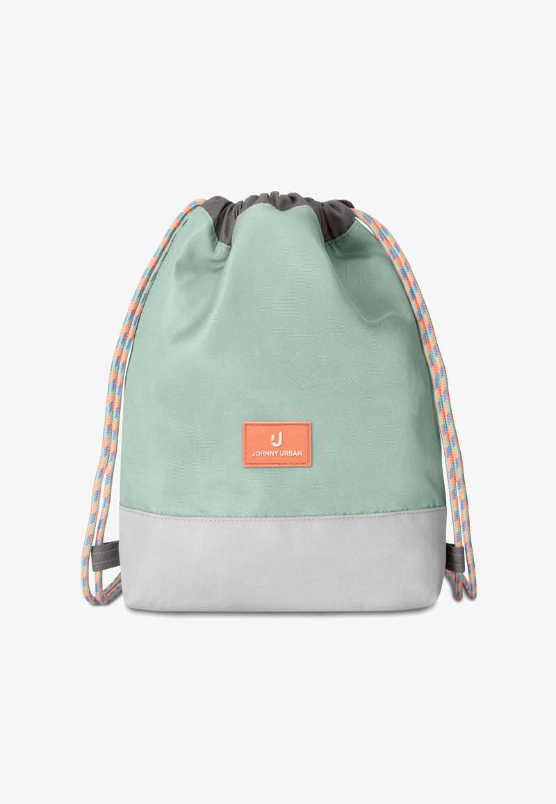 Sac à dos à cordon avec partie supérieure vert menthe, base gris clair, bretelles en corde multicolores et patch logo rectangulaire orange marqué Johnny Urban.