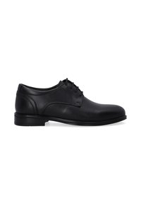 Schwarze Leder-Halbschuhe mit abgerundeter Spitze, glatter Oberfläche, Schnürung und einer flachen Gummisohle.