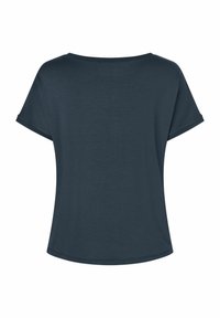 Dunkelblaues T-Shirt mit kurzen Ärmeln, lockerer Passform, Rundhalsausschnitt und weicher Textur; glattes Gewebe und abgerundeter Saum.