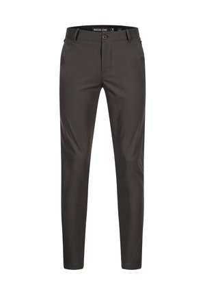 Slim-fit dark gray trousers made from a smooth fabric. Features a zip fly, button closure, belt loops, and side pockets.