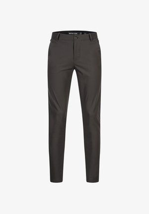 Schmal geschnittene dunkelgraue Hose aus einem glatten Stoff. Verfügt über einen Reißverschluss, einen Knopfverschluss, Gürtelschlaufen und Seitentaschen.