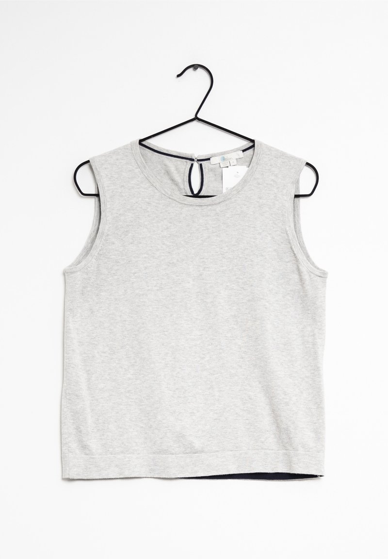 Haut gris sans manches en coton doux, avec un col rond et un détail œillet au dos, avec un ourlet droit.