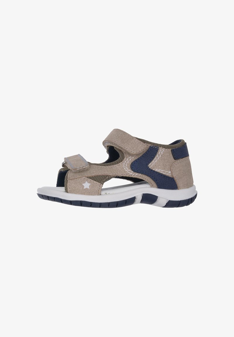 Sandales pour enfants beige et marine avec des sangles en Velcro, une tige en textile et une semelle en caoutchouc blanc. Elles comportent un détail étoile sur le côté.