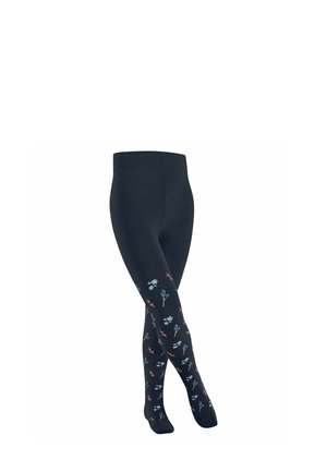 Leggings neri con un motivo floreale blu e rosso, dotati di una cintura ampia e una texture liscia in tutto il prodotto.