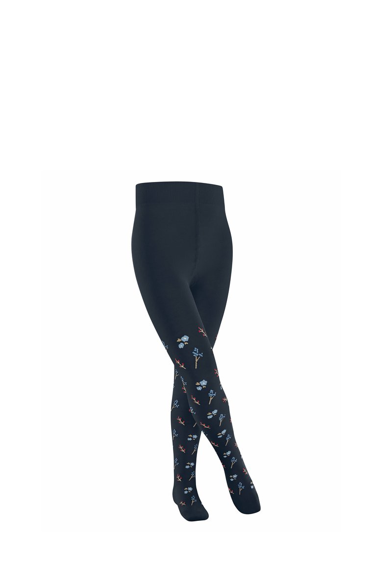 Leggings neri con un motivo floreale blu e rosso, dotati di una cintura ampia e una texture liscia in tutto il prodotto.