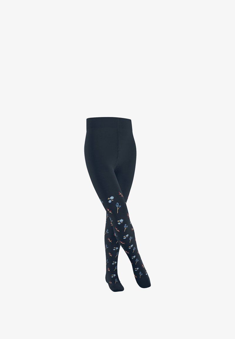 Leggings neri con un motivo floreale blu e rosso, dotati di una cintura ampia e una texture liscia in tutto il prodotto.