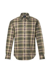 Overhemd met knoopsluiting in een groen, bruin en beige ruitpatroon. Lange mouwen, knoop-down kraag en borstzak. Zachte stofstructuur.