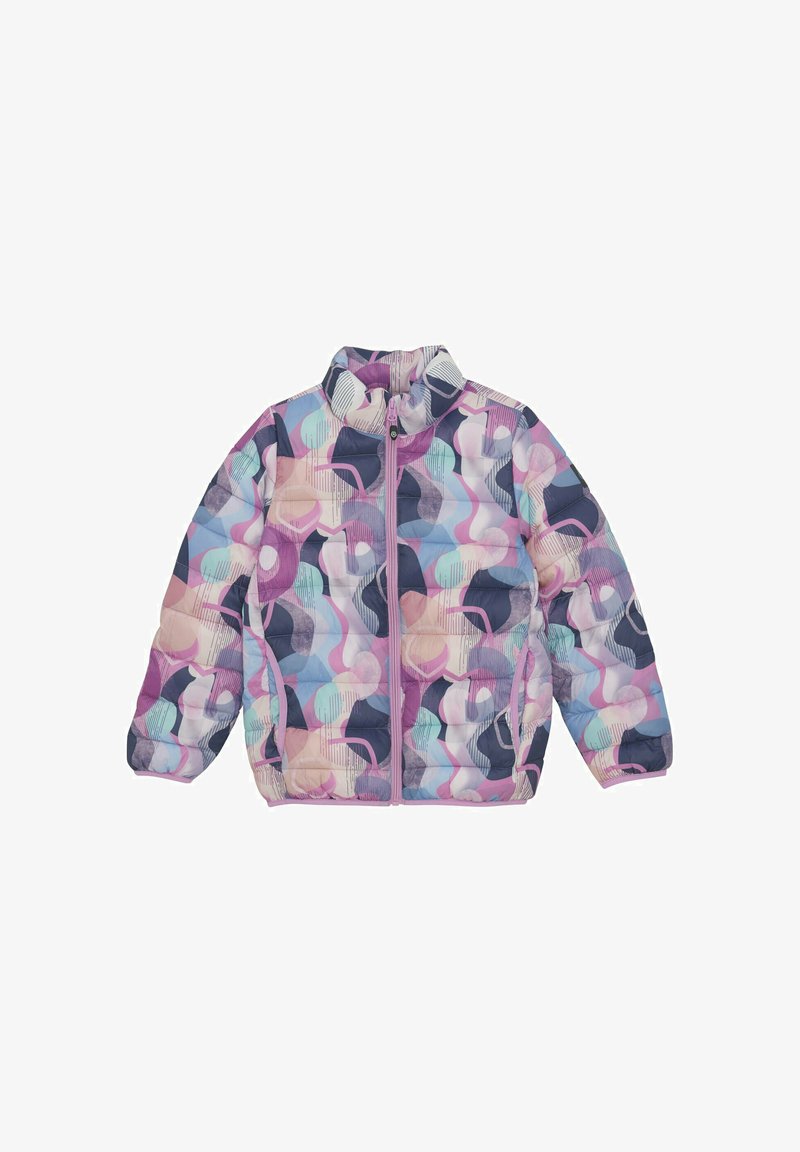 Giacca imbottita con un motivo astratto e colorato in tonalità di rosa, viola e blu, con colletto alto e chiusura a zip.