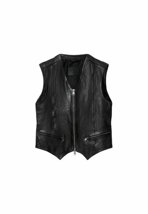 Black leather sleeveless vest with front zipper and two diagonal zippered pockets, V-shaped hem, and stitched panel design.