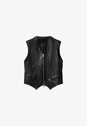 Black leather sleeveless vest with front zipper and two diagonal zippered pockets, V-shaped hem, and stitched panel design.