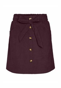 Jupe en velours côtelé bordeaux taille haute avec des boutons sur le devant, des poches latérales et une ceinture en tissu assorti nouée en nœud.