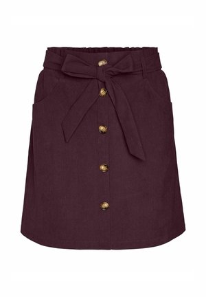 Donkerviolet high-waisted corduroy rok met voorborden, zijzakken en een bijpassende stoffen riem die in een strik is vastgebonden.