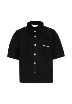 Czarna krótka koszula na guziki z białymi guzikami i kieszenią na piersi z naszywką z logo "Palm Angels".