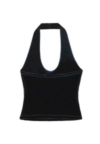 Čierny top na ramienka s okrúhlym výstrihom, s priliehavým strihom a kontrastným prešívaním okolo okrajov. Hladký povrch látky.