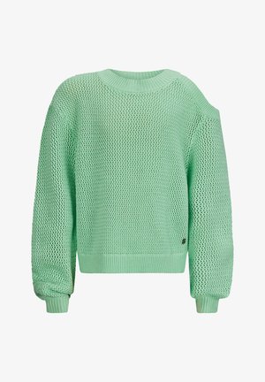 Mintgrüner, gestrickter Pullover mit lockerem Schnitt, gerippten Bündchen und Saum sowie einem offenen Webmuster. Eine Schulter hat ein Ausschnitt-Detail.