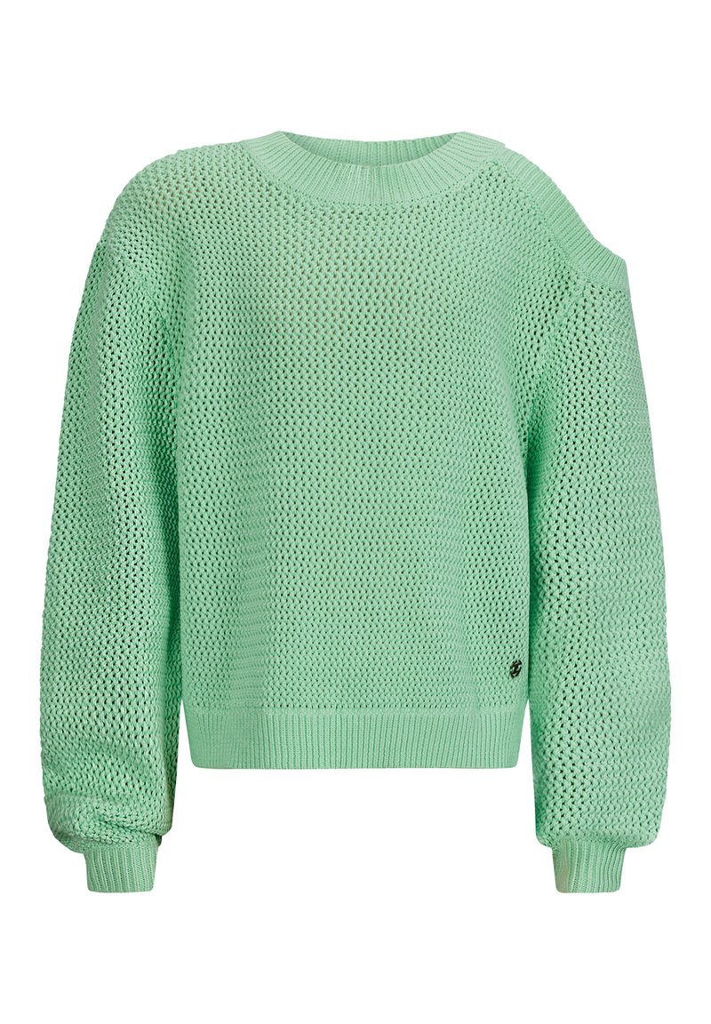 Mintgrüner, gestrickter Pullover mit lockerem Schnitt, gerippten Bündchen und Saum sowie einem offenen Webmuster. Eine Schulter hat ein Ausschnitt-Detail.