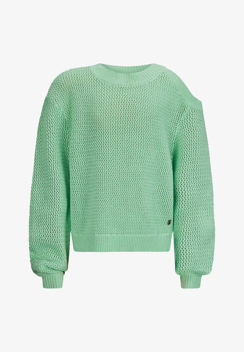 Mintgrüner, gestrickter Pullover mit lockerem Schnitt, gerippten Bündchen und Saum sowie einem offenen Webmuster. Eine Schulter hat ein Ausschnitt-Detail.