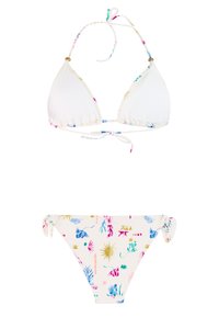 Bikini-Set mit einem weißen Triangel-Top mit bunten Blumenmustern und einem passenden Unterteil mit Seitenbändern und ähnlichen Designs.