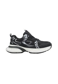 Zwarte en zilveren sportschoenen met een bovenwerk van mesh, gewatteerde witte tussenzool, contrasterende zwarte buitenzool en gebogen ontwerpinvloeden.