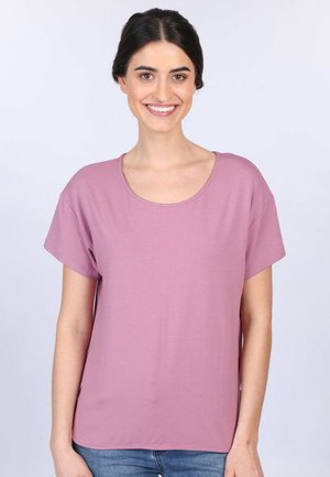 Pink short-sleeve t-shirt with a round neckline, made from soft fabric. Simple design, relaxed fit, with a smooth texture.