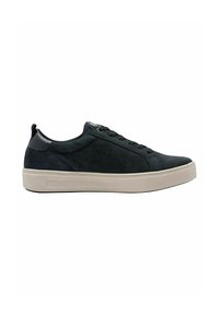 Sneaker in suede nero con design a basso profilo, dotate di suola in gomma beige e lacci coordinati. Accenti lisci sul tallone per un tocco di dettaglio.
