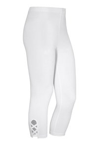 Vita leggings i en slät tygkvalitet, längd till mitt på vaden, med en urtagning i fållen som har ett korsmönster. Elastisk midja.