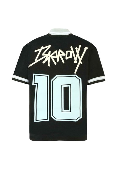 Czarny strój sportowy z białymi i jasnoniebieskimi akcentami. Zawiera duży napis "ISARROW" oraz numer "10" z tyłu, ryflowany kołnierzyk i paskowane rękawy.