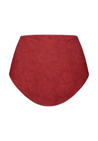 Vysoké plavkové kalhotky v tmavě červené barvě s texturovaným, nepravidelným vzorem. Bezšvové okraje zajišťují pohodlí a dobré padnutí. Bez kovových detailů.