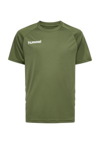 Olivgrön kortärmad träningströja i mjukt tyg. Har en rundad halsringning och en vit logotyp på bröstet, med vita detaljer på sidorna.