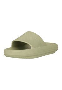 Ein einzelner hellgrüner Sandalen-Schlupf mit einem strukturierten breiten Riemen und einer dicken, gepolsterten Sohle auf weißem Hintergrund.