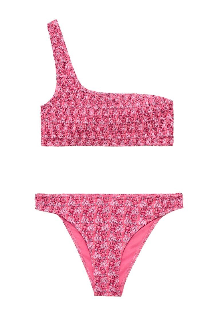 Bikini gornji dio s jednim ramenom u ružičastoj boji s teksturiranim materijalom i cvjetnim uzorkom; odgovarajući ružičasti donji dio s naboranim elastičnim pojasom.