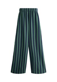 Pantalon large avec des rayures verticales vert foncé et bleu marine et une taille élastiquée sur fond blanc.