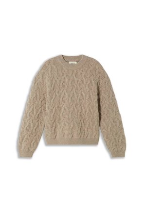 Beige kabelbrei trui met lange mouwen, ronde hals, textuurpatroon en geribbelde manchetten en onderrand. Gemaakt van zacht, comfortabel materiaal.