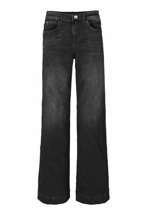 Zwarte high-waist jeans met een knoop- en ritssluiting, voor- en achterzakken, en wijd recht gesneden pijpen.