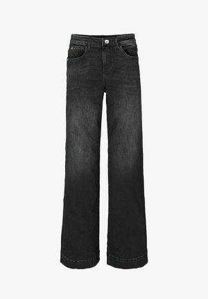 Zwarte high-waist jeans met een knoop- en ritssluiting, voor- en achterzakken, en wijd recht gesneden pijpen.