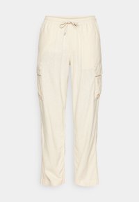 Beige cargobyxor med elastisk midja, dragsko och sidofickor. Tillverkade av lätt tyg med en avslappnad passform och rak ben.