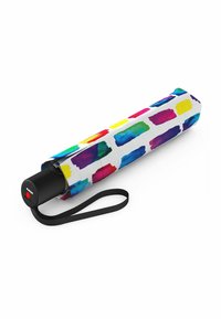 Compact umbrella with a black handle. Features a white fabric cover adorned with colorful watercolor brushstroke patterns. Includes a wrist strap.