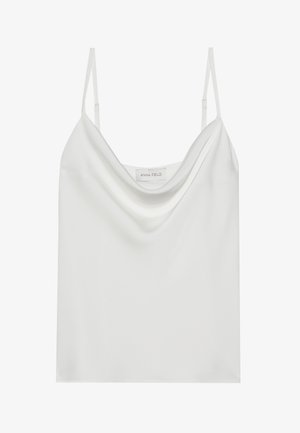 White satin camisole with a draped neckline, thin adjustable straps, and a straight hem. The label "ANNA FIELD" is visible inside.