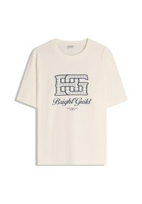 Kremowa bawełniana koszulka z krótkim rękawem, z granatowym wzorem w kratkę oraz napisem: "Bright Guild" u góry i "WITH TIMELESS PUNCH" na dole.