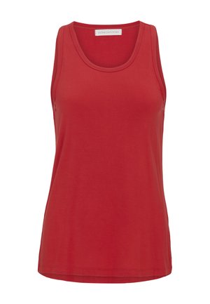 Rode mouwloze tanktop met ronde hals, gemaakt van zacht stof, afgebeeld op een witte achtergrond.