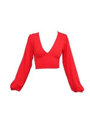 Top corto rosso con scollatura a V profonda, maniche lunghe a palloncino e dettagli arricciati in vita. Realizzato in un tessuto liscio ed elastico.