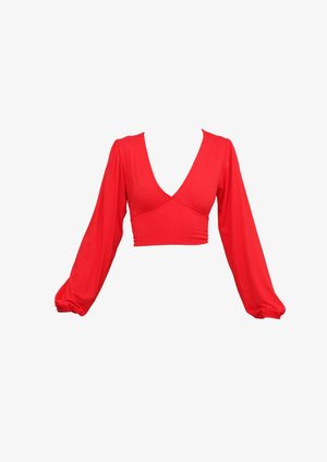 Red cropped top with a deep V-neck, long puff sleeves, and gathered accents at the waist. Made from a smooth, stretchy fabric.