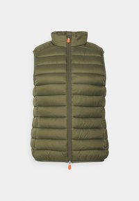 Oliwkowa kamizelka puchowa z wysokim kołnierzem, zamek błyskawiczny i pomarańczowy uchwyt do zamka. Posiada pikowaną strukturę i bezrękawnikowy fason.