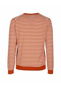 Maglione a maniche lunghe, con strisce orizzontali arancioni e bianche, scollo rotondo e orlo e polsini a coste. Morbido tessuto a maglia.