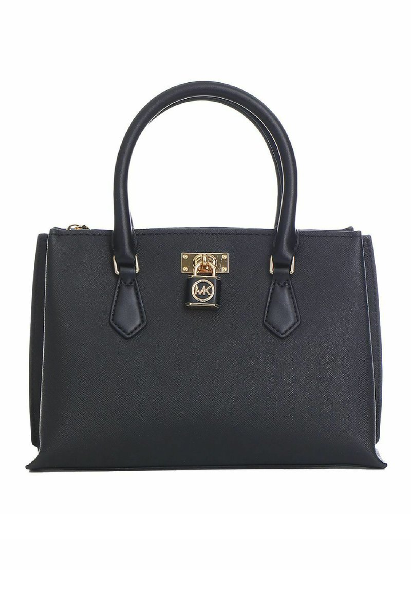 Borsa a tracolla in pelle nera con forma strutturata, hardware dorato, manici superiori e dettaglio della chiusura con logo. Texture liscia con accentuazioni angolari.