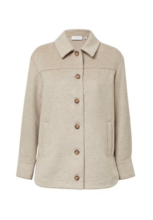 Giacca in misto lana beige con colletto, chiusura anteriore a bottoni e due tasche laterali. Presenta un tessuto strutturato e bottoni in legno.