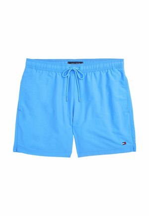 Lyseblå badebukser lavet af hurtigttørrende stof, med elastisk talje med justerbart snoretræk og sidelommer.